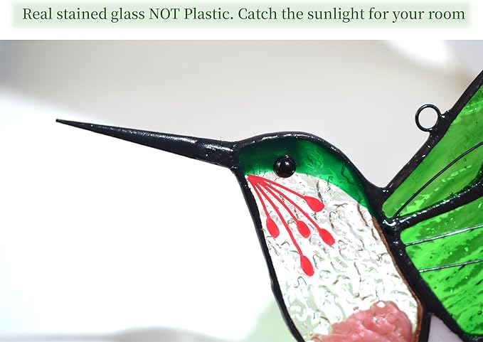 Lolitarcrafts Stained Glass Hummingbird Window Hangings with Flowers, Bird Stained Glass Suncatcher for Window Decor Hummingbird Gifts for Mom,Bird Lovers (Green with Flower A)-BloomoryGarden
