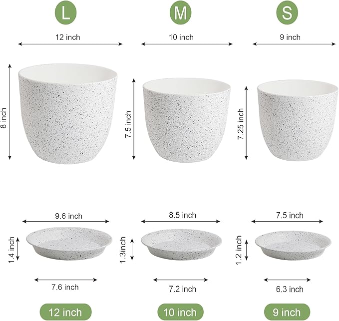 12/10/9 Large Modern Plant Pots, Plastic Planters with Drainage Holes and Saucers for Indoor Outdoor Plants Flowers, White Speckles-BloomoryGarden