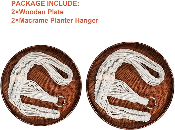 Macrame Plant Hanger - 2 Set Indoor Hanging Planter Shelf - Hanging Planter Rack Decorative Flower Pot Holder - Handmade Cotton Plant Hangers with Wood Tray Boho Home Decor-BloomoryGarden