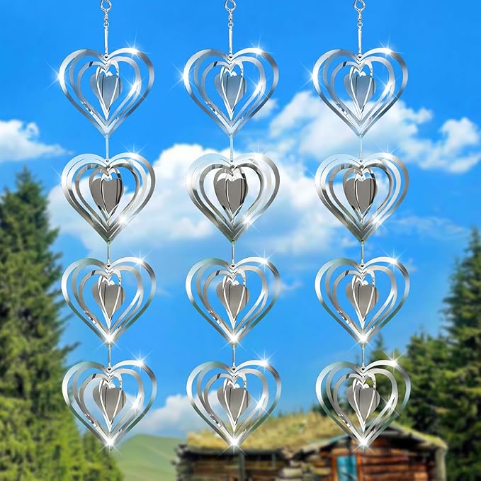 12 Metal Heart Bird Scarer Discs Set, Wind Spinners 3D Helix Reflector Stainless Steel Sparkly Outdoor Garden Decor, Scare Birds & Animals Away from Garden Yard Patio Lawn Farm Wind Sculpture Gifts-BloomoryGarden