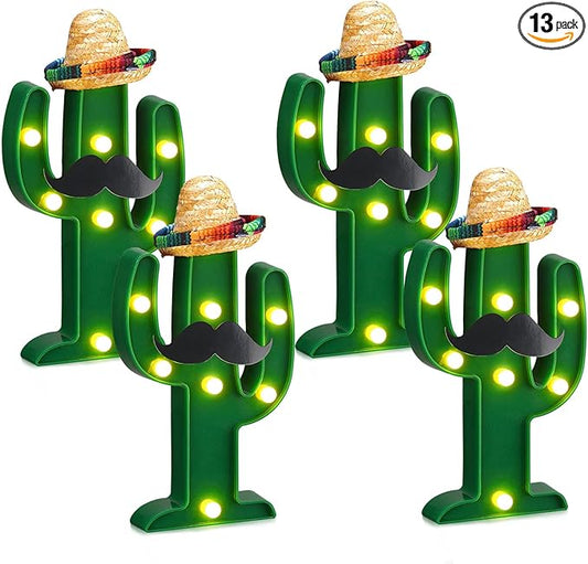 12 Pcs Cinco de Mayo LED Cactus Light with Mini Sombrero Straw Hats and Fake Beard Cinco De Mayo Table Decor Mexican Party Supplies for Table Room Bedroom Party Decoration (4.72 x 2.76 Inch)-BloomoryGarden