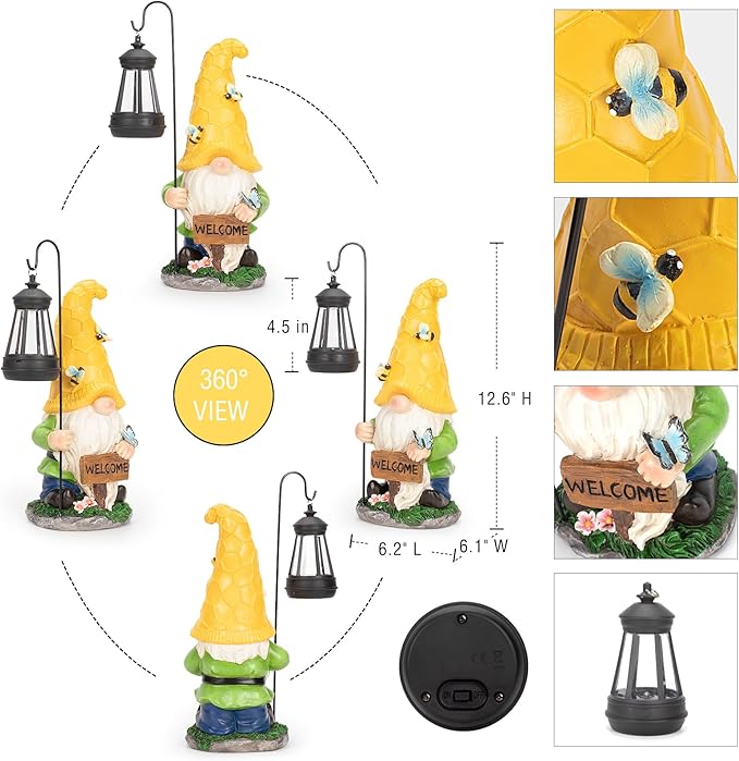 12.6'' Solar Large Garden Gnomes Outdoor Statues with Lantern, Welcome Gnome Garden Outdoor Decor Gift Waterproof Decoration for Patio, Balcony, Yard Ornament - Unique Housewarming Gifts-BloomoryGarden