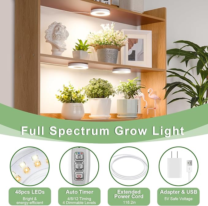 LORDEM Ceiling Grow Light for Indoor Plants, 144 LEDs Full Spectrum LED Plant Light, 5V Plant Lamp with 4/8/12H Auto Switch, 4 Dimmable Brightness Levels, Ideal for Small Plants, Tri Head, Corded-BloomoryGarden