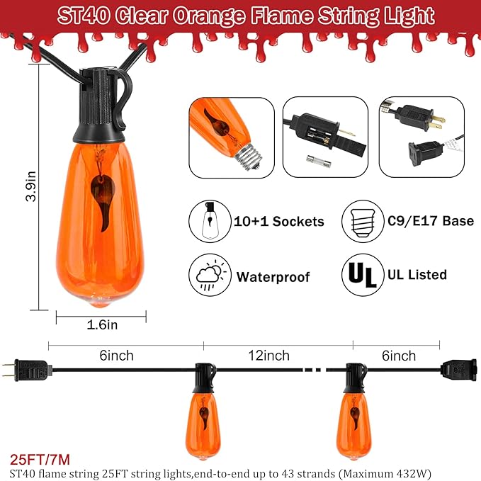 10Ft Halloween Orange Flicker Flame String Lights, ST40 Halloween Decorative String Lights Outdoor with Realistic Orange Red Flame, Hanging Halloween Orange Lights for Christmas Party Patio Decor-BloomoryGarden