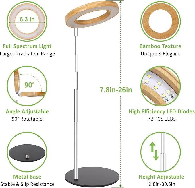 LORDEM Bamboo Grow Light for Indoor Plants, Full Spectrum Plant Light for Indoor Growing, Desk LED Grow Lamp with Auto On/Off Timer for 4H/8H/12H, 4 Dimmable Levels, Height Adjustable, 2 Pack-BloomoryGarden