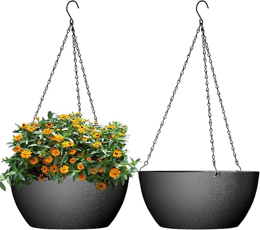 13 inch Large Hanging Planters Plant Pots for Outdoor Indoor Plants with Drainage Holes and Chain, 2 Pack Round Hanging Flower Pots for Garden Home Porch Decor, Black-BloomoryGarden