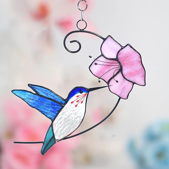 Lolitarcrafts Hummingbird with Flower Stained Glass Suncatcher Bird Stained Glass Window Hangings Hummingbird Gift for Home Decor (Blue with Flower)-BloomoryGarden