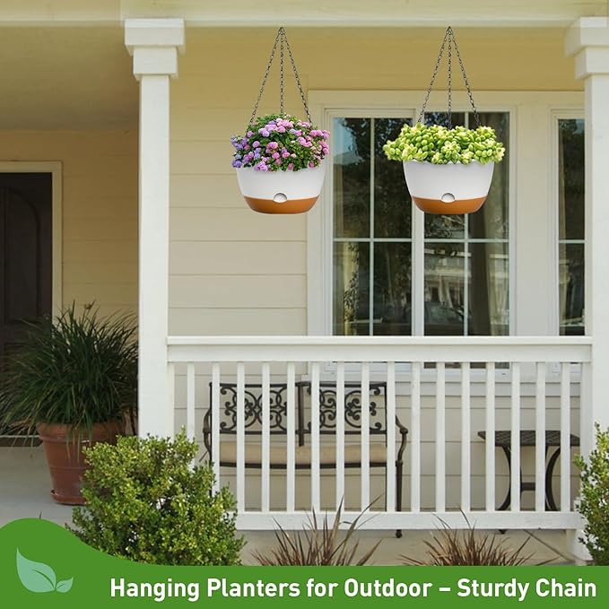 10 Inch Hanging Planters for Indoor & Outdoor Use (2 Pack) - Self-Watering & Drainage Flower Pots with Chain & Macrame Hangers (White, 10 in)-BloomoryGarden