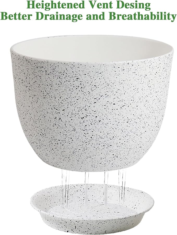 12/10/9 Large Modern Plant Pots, Plastic Planters with Drainage Holes and Saucers for Indoor Outdoor Plants Flowers, White Speckles-BloomoryGarden