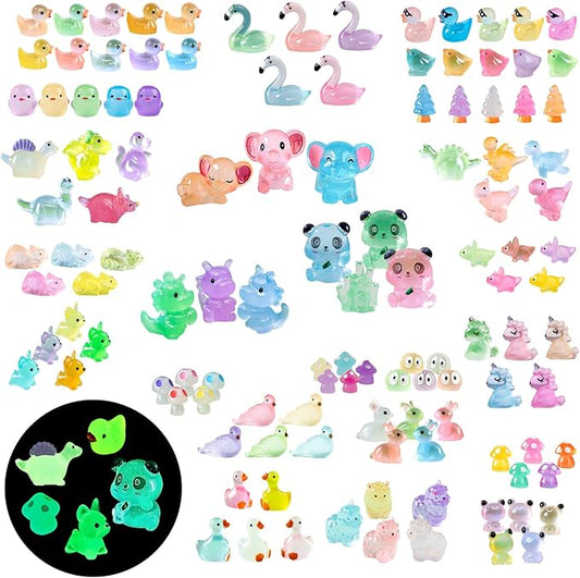 120 Pack Various Luminous Mini Resin Animals, Mini Ducks Dinosaurs Tiny Frogs Pandas Small Mushroom Miniature Figurines Glow in The Dark for DIY Garden Micro Landscape Aquarium Potted Decor-BloomoryGarden
