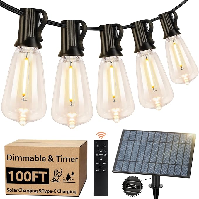 100FT Outdoor Solar String Lights with Remote, USB Rechargeable LED Patio Lights with 52 Timer Dimmable ST38 Edison Bulbs, Enhanced 5W Solar Panel Outside Hanging Lights for Porch Garden Deck Backyard-BloomoryGarden
