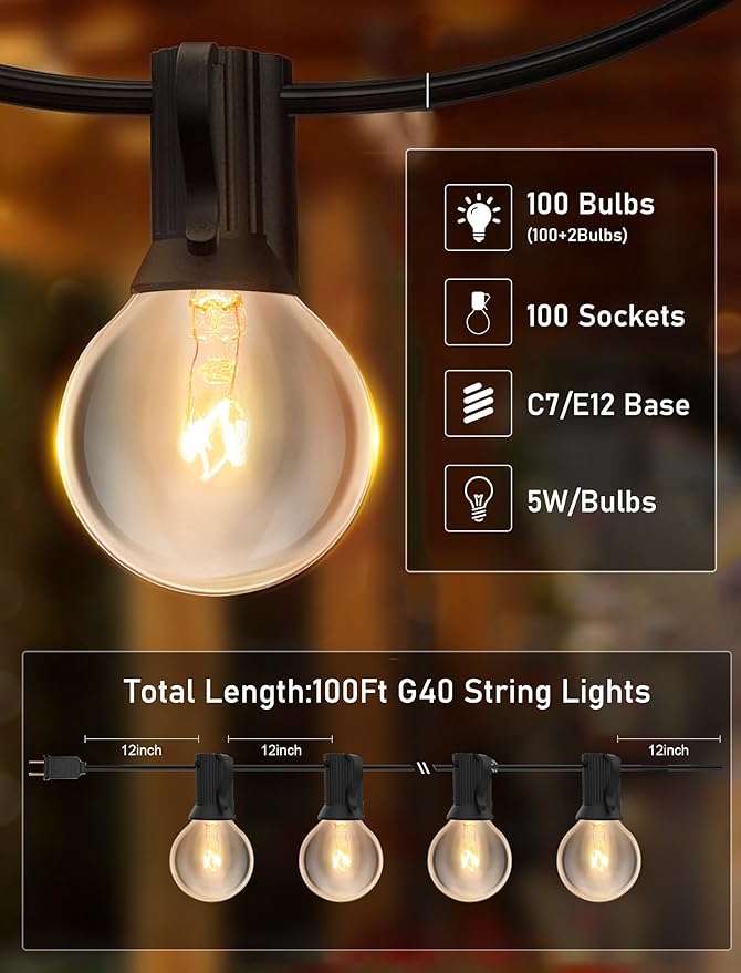 100FT String Lights, G40 Outdoor String Lights Edison Light Bulbs Clear Globe Lights for Backyard Patio Lights Indoor/Outdoor Commercial Decoration -5 Watt/120 Voltage/E12 Base -Black Wire-BloomoryGarden