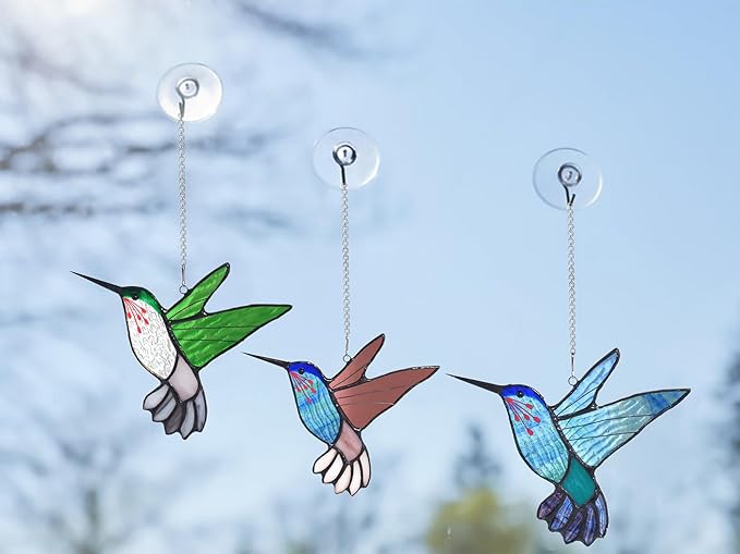 Lolitarcrafts Stained Glass Hummingbird Window Hangings with Flowers, Bird Stained Glass Suncatcher for Window Decor Hummingbird Gifts for Mom,Bird Lovers (Blue A)-BloomoryGarden