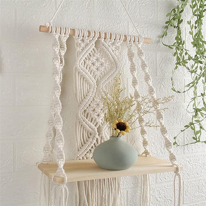 Macrame Wall Hanging Plant Decor Shelf Indoor Outdoor Floating Wood shelve Decorative Hand Made Rope Boho Shelving for Plants-BloomoryGarden