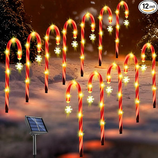 12Pack Christmas Candy Cane Lights Outdoor Decorations Solar Pathway Lights with Snowflake for Yard Waterproof Street Driveway Markers Lawn Walkway Garden Indoor Decor 2in1 Solar Powered-BloomoryGarden