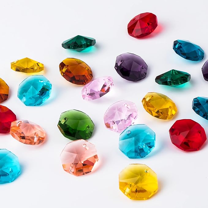 100 Pcs Glass Octagon Crystal Beads 14mm Colorful Crystal Chandelier Parts Replacement Beads DIY Lamp Hanging Pendant Suncatcher Beads-BloomoryGarden