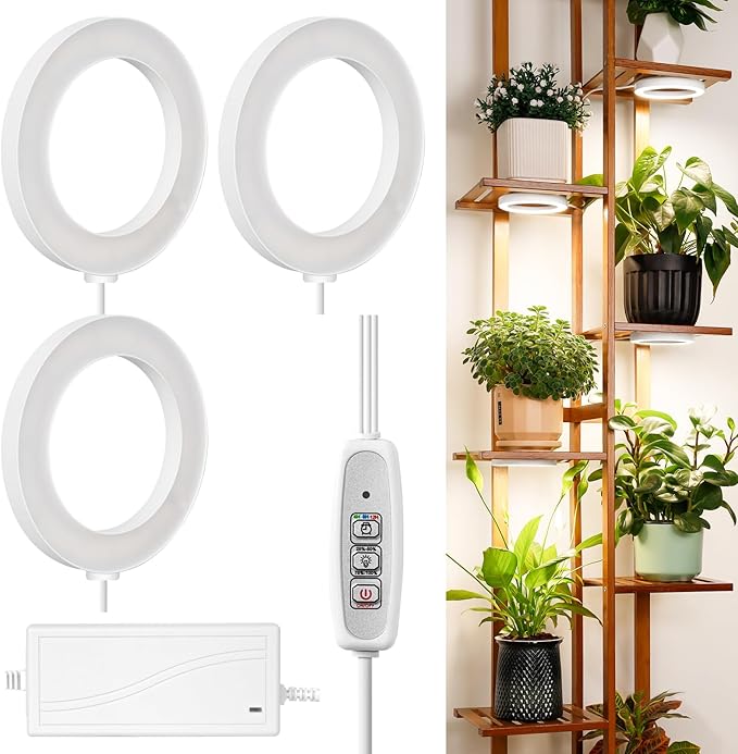 LORDEM 6.3” Ceiling Grow Lamp for Indoor Plants, 216 LEDs Full Spectrum Halo Plant Light, Under Cabinet Grow Lights with 4/8/12H Auto Timer, 3 Switch Modes, 4 Dimmable Brightness Levels, Tri Head-BloomoryGarden
