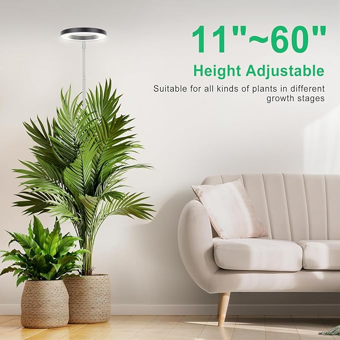 LORDEM Black Full Spectrum LED Grow Light, 72 LEDs, 4 Brightness Settings, Auto On/Off Timer, Height Adjustable, Ideal for Large Plants-BloomoryGarden