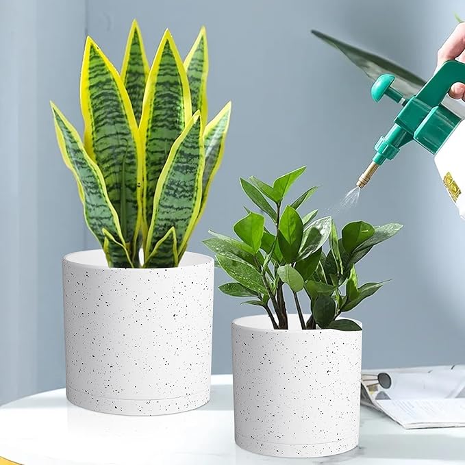 10/8/6 inch Deep Flower Pots, Cylinder Large Plant Pots for Outdoor Indoor Plants, 3 Pack Tall Plastic Planters with Drainage Holes and Saucers for Garden House Plants, Speckled White-BloomoryGarden