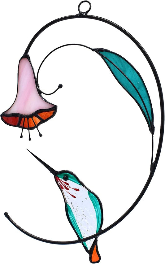Lolitarcrafts Hummingbird with Flower Stained Glass Suncatcher Bird Stained Glass Window Hangings Hummingbird Gift for Home Decor (Green)-BloomoryGarden
