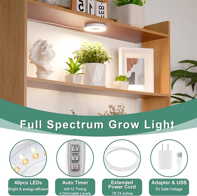 LORDEM Grow Light for Indoor Plants, 48 LEDs Ceiling Full Spectrum Plant Light, 5V Corded Growing Lamp with 4/8/12H Auto Switch, 4 Dimmable Brightness Levels, Ideal for Small Plants-BloomoryGarden