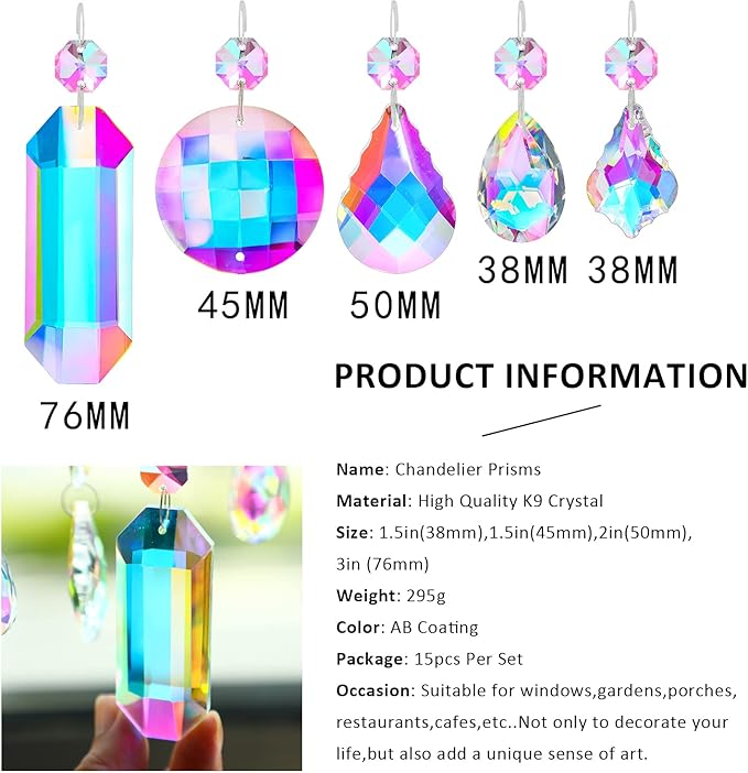 15pcs Colorful Crystal Suncatcher Hanging Chandelier Prisms Pendant with Crystal Octagon Bead Decor for Home Garden Wedding DIY Ornament-BloomoryGarden