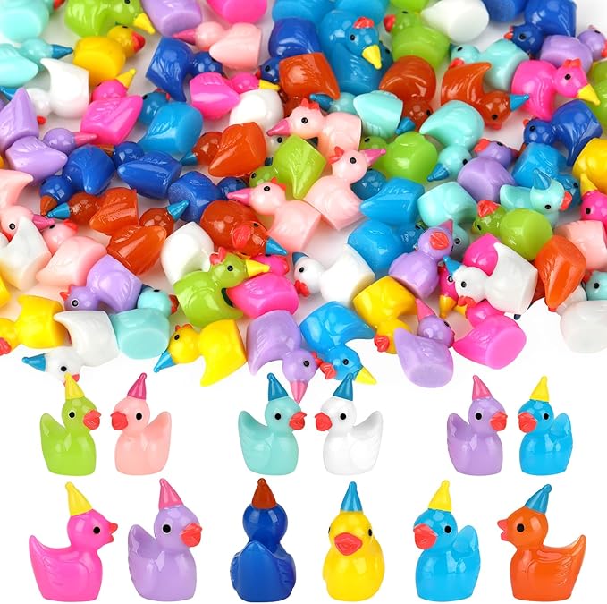 100 Pack Mini Resin Ducks, Multicolor Mini Ducks Wearing Party Hat, Tiny Duck Miniature Duck Figures Tiny Home Ornament for Micro Landscape Dollhouse Garden Aquarium Potted School Office-BloomoryGarden