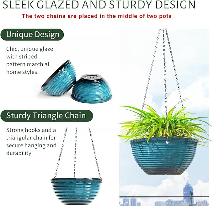 10in Hanging Planters for Indoor and Outdoor Plants, 2 Pack Hanging Planter with Drainage Hole, Round Hanging Flower Pots for Garden Home Decor (Blue)-BloomoryGarden