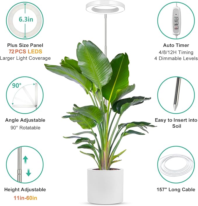 LORDEM Full Spectrum LED Grow Light, 72 LEDs, 4 Brightness Settings, Auto On/Off Timer, Height Adjustable, Ideal for Indoor Plants-BloomoryGarden