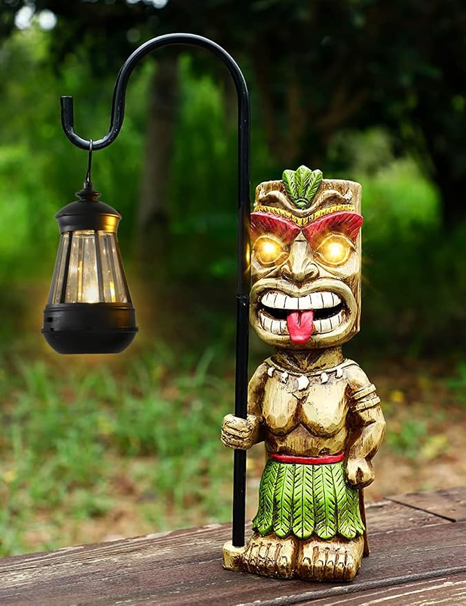 16.7" H Tiki Decor Garden Statue,Large Lantern Tiki Figurine with Solar Lights,Hawaiian Tiki Man Outdoor Patio Yard Lawn Bar Party Beach Pool Pond Halloween Christmas Decoration Ornament Gifts-BloomoryGarden