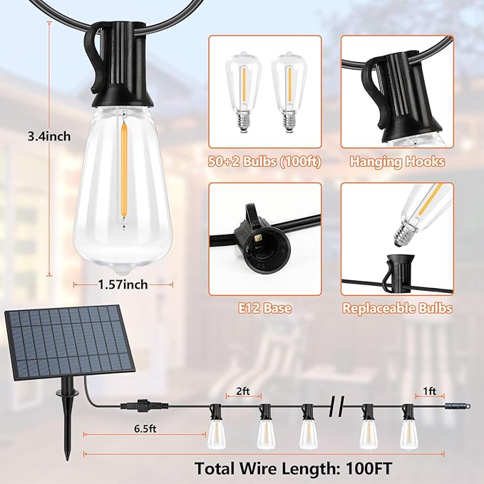 100FT Outdoor Solar String Lights with Remote, USB Rechargeable LED Patio Lights with 52 Timer Dimmable ST38 Edison Bulbs, Enhanced 5W Solar Panel Outside Hanging Lights for Porch Garden Deck Backyard-BloomoryGarden