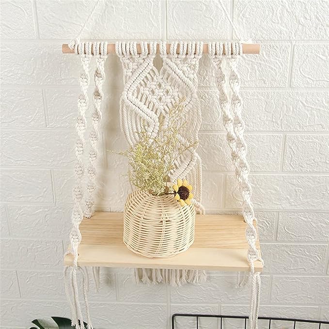 Macrame Wall Hanging Plant Decor Shelf Indoor Outdoor Floating Wood shelve Decorative Hand Made Rope Boho Shelving for Plants-BloomoryGarden