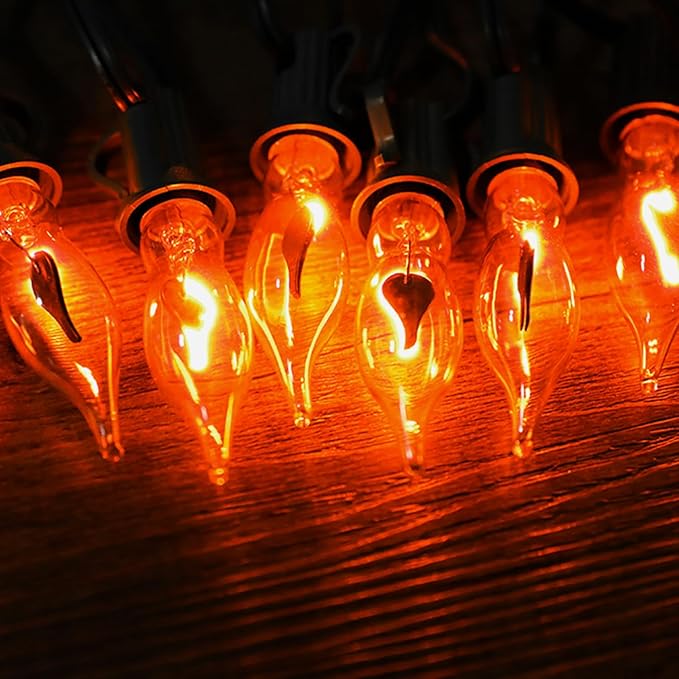 12.8Ft Christmas Lights Flickering Flame String Lights with 12 Pack Clear C7 Flame Light Bulbs（2 Spare）, Great for Indoor Outdoor Home Patio Party Christmas Decorations Lights, 1W, E12 Base-BloomoryGarden