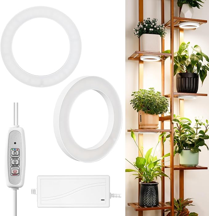 LORDEM 6.3” Ceiling Grow Light for Indoor Plants, 144 LEDs Full Spectrum Halo Grow Lamp, Under Cabinet Plant Lamp with 4/8/12H Auto Timer, 4 Dimmable Brightness Levels, Ideal for Pot Plants, Dual Head-BloomoryGarden