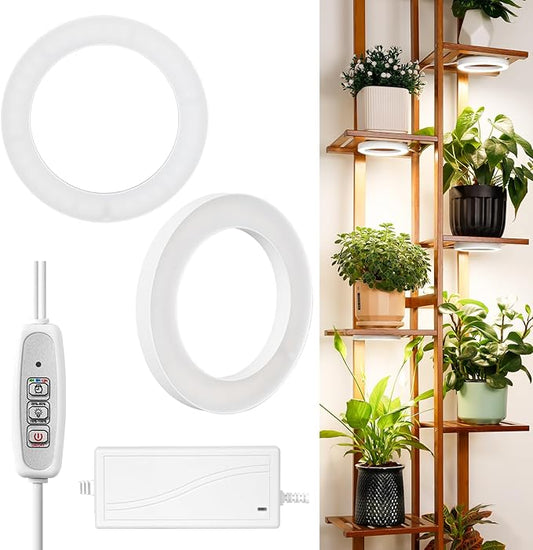 LORDEM 6.3” Ceiling Grow Light for Indoor Plants, 144 LEDs Full Spectrum Halo Grow Lamp, Under Cabinet Plant Lamp with 4/8/12H Auto Timer, 4 Dimmable Brightness Levels, Ideal for Pot Plants, Dual Head-BloomoryGarden