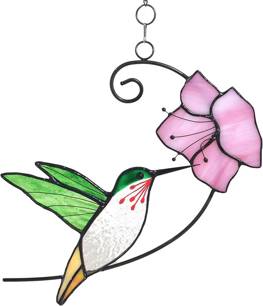 Lolitarcrafts Hummingbird with Flower Stained Glass Suncatcher Bird Stained Glass Window Hangings Hummingbird Gift for Home Decor (Green with Flower)-BloomoryGarden