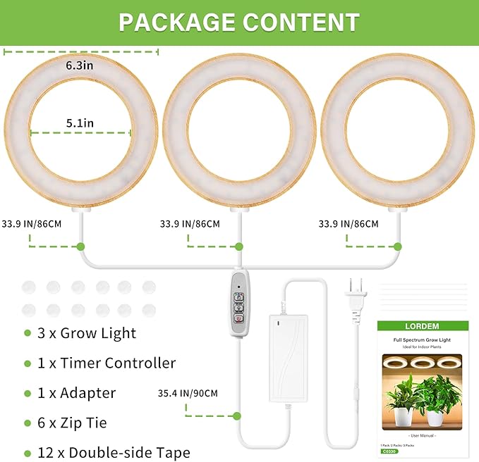LORDEM 6.3" Bamboo Ceiling Grow Lamp for Indoor Plants, 216 LEDs Full Spectrum Halo Plant Light, Under Cabinet Grow Lights with 4/8/12H Auto Timer Switch Modes, 4 Dimmable Brightness Levels, Tri Head-BloomoryGarden