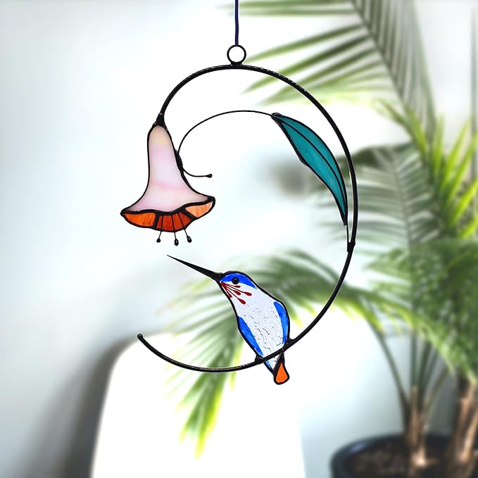 Lolitarcrafts Hummingbird with Flower Stained Glass Suncatcher Bird Stained Glass Window Hangings Hummingbird Gift for Home Decor (Blue)-BloomoryGarden