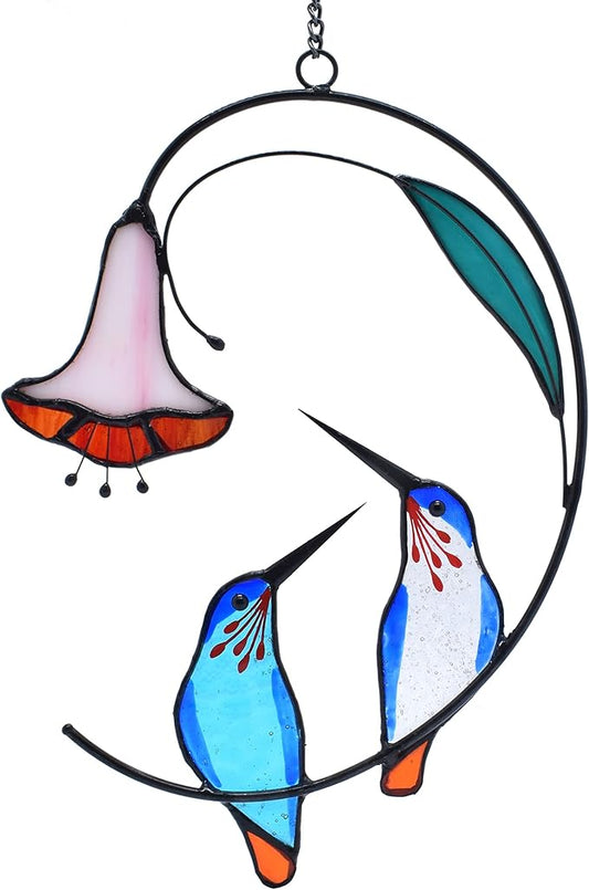Lolitarcrafts Hummingbird with Flower Stained Glass Suncatcher Bird Stained Glass Window Hangings Hummingbird Gift for Home Decor (Blue 1 Pair)-BloomoryGarden