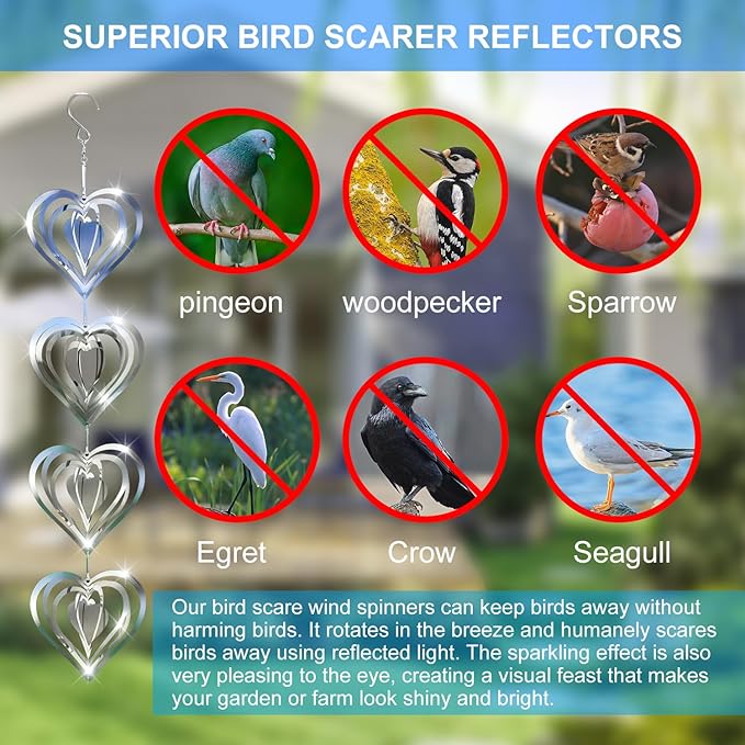 12 Metal Heart Bird Scarer Discs Set, Wind Spinners 3D Helix Reflector Stainless Steel Sparkly Outdoor Garden Decor, Scare Birds & Animals Away from Garden Yard Patio Lawn Farm Wind Sculpture Gifts-BloomoryGarden