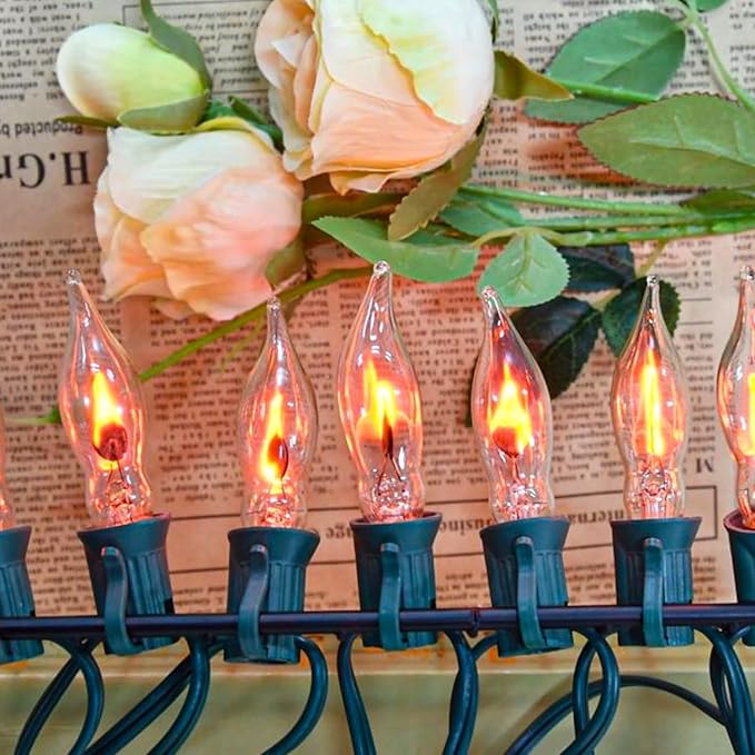 12.8Ft C7 Christmas Lights Flickering Flame String Lights with 12 Pack Clear Flame E12 Light Bulbs(2 Spare), Great for Christmas Decorations Indoor Outdoor Home Patio Party Lights, Green Wire-BloomoryGarden