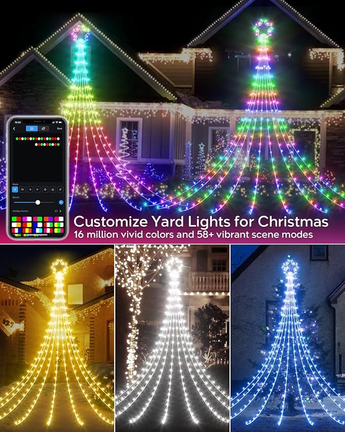 16.5FT Outdoor Christmas Decorations Tree Lights for Yard, Dynamic Star String Lights Waterfall App Control Color Changing Music Timer, Christams Lights Plug in 245 LEDs for Outside Xmas Home Decor-BloomoryGarden