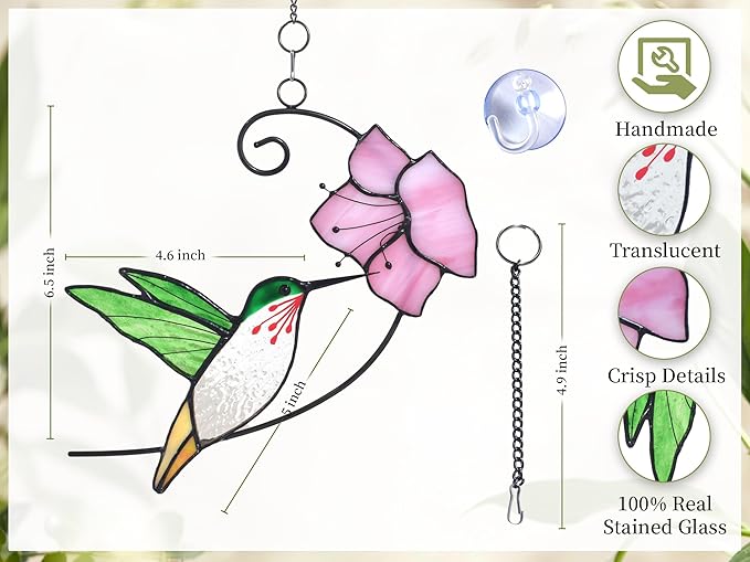 Lolitarcrafts Hummingbird with Flower Stained Glass Suncatcher Bird Stained Glass Window Hangings Hummingbird Gift for Home Decor (Green with Flower)-BloomoryGarden