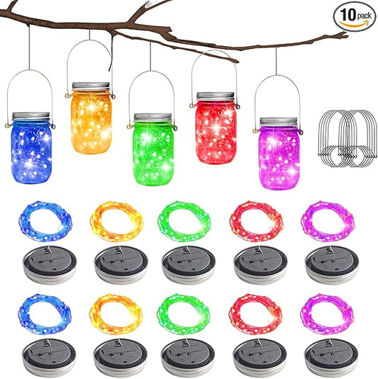 10 Pack 30 LED Solar Mason Jar Lid String Lights,Fairy Lights String Lids Lights Including 10 Pcs Hangers,for Indoor Outdoor Wedding Patio Garden Party Decorations Gift(No Jars) (5 Colors)-BloomoryGarden