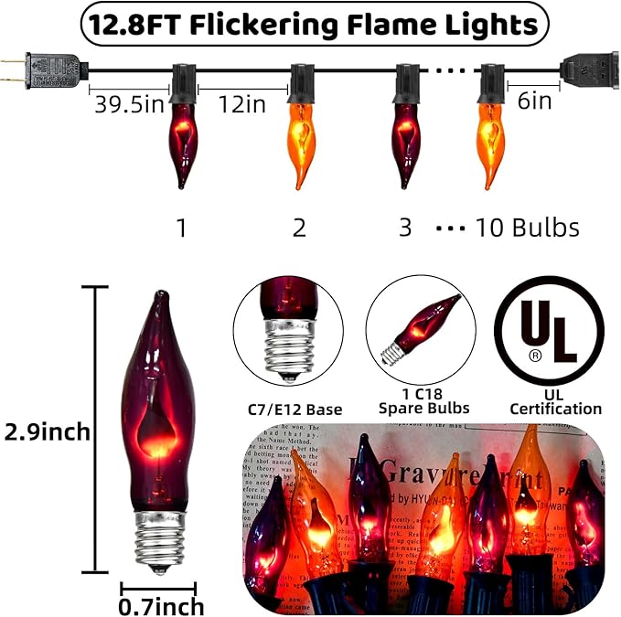 12.8Ft Halloween Decorations - Indoor/Outdoor Flickering Flame String Lights, Orange & Purple, 12 Pack C7 Flame Lights Bulbs-BloomoryGarden