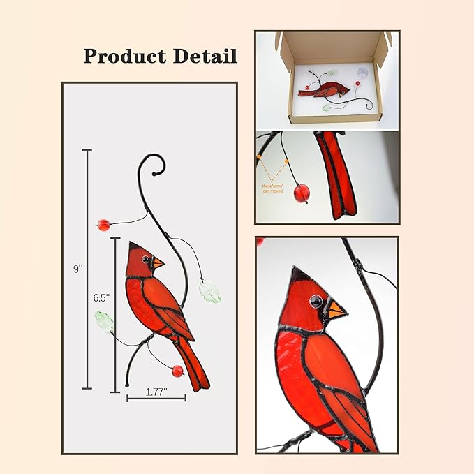 Lolitarcrafts Bigger Cardinal Stained Glass Window Hangings Cute Birds Suncathers for Window Monthers Day Gifts-BloomoryGarden
