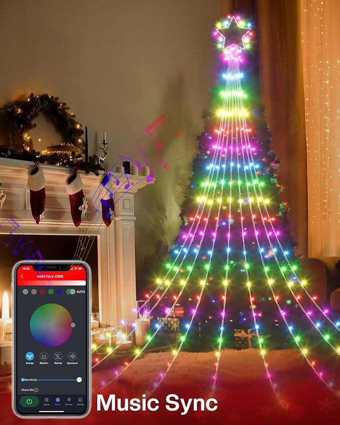 16.5FT Smart Outdoor Christmas Decoration Star String Lights, DIY Color Changing LED Yard Lights App Control Music Sync, Timer, Group Control Waterproof Waterfall Tree Lights for Outside-BloomoryGarden
