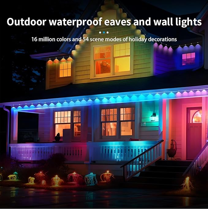 100ft Permanent Outdoor Lights for House, IP67 Waterproof RGB+IC LED Eaves Lights, 54 Scene Modes Outdoor Lighting for Christmas Garden Party Holiday Decorations, with App/Remote Control-BloomoryGarden