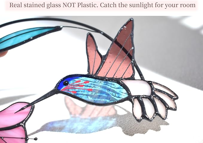 Lolitarcrafts Stained Glass Hummingbird Window Hangings with Flowers, Bird Stained Glass Suncatcher for Window Decor Hummingbird Gifts for Mom,Bird Lovers (Blue with Flower B)-BloomoryGarden