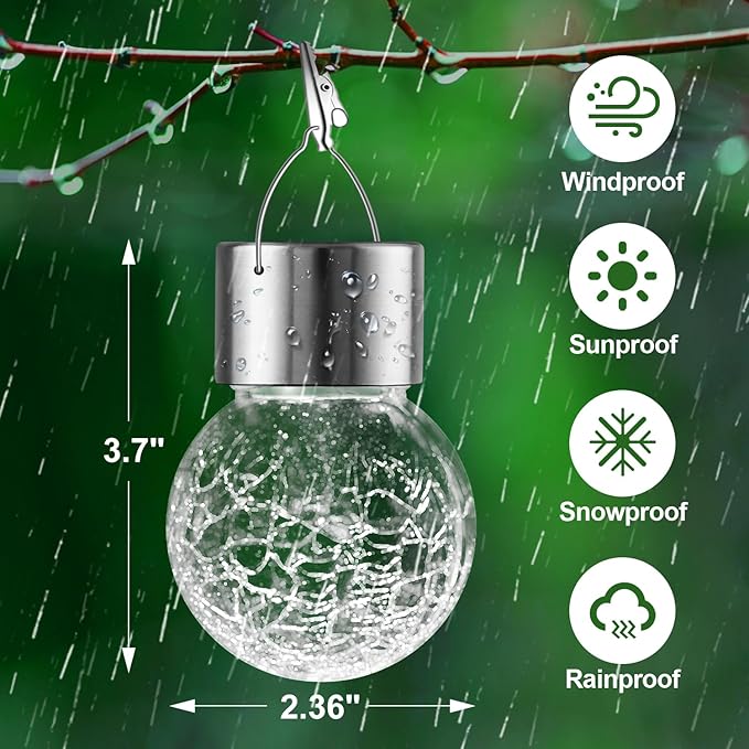 12 Pack Hanging Solar Lights Outdoor Decorative, Waterproof Solar Globe Lantern with Handle and Clip, Solar Powered Cracked Glass Ball Lights for Garden Yard Patio, Fence Tree Umbrella, Holiday Decor-BloomoryGarden